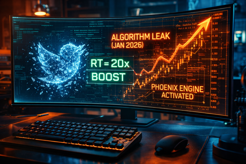 Visualization of the X Algorithm Leak (Jan 2026) showing the new "Phoenix" engine weights where Retweets are valued at 20x and Replies at 13.5x compared to Likes, based on the open-source Rust code release.