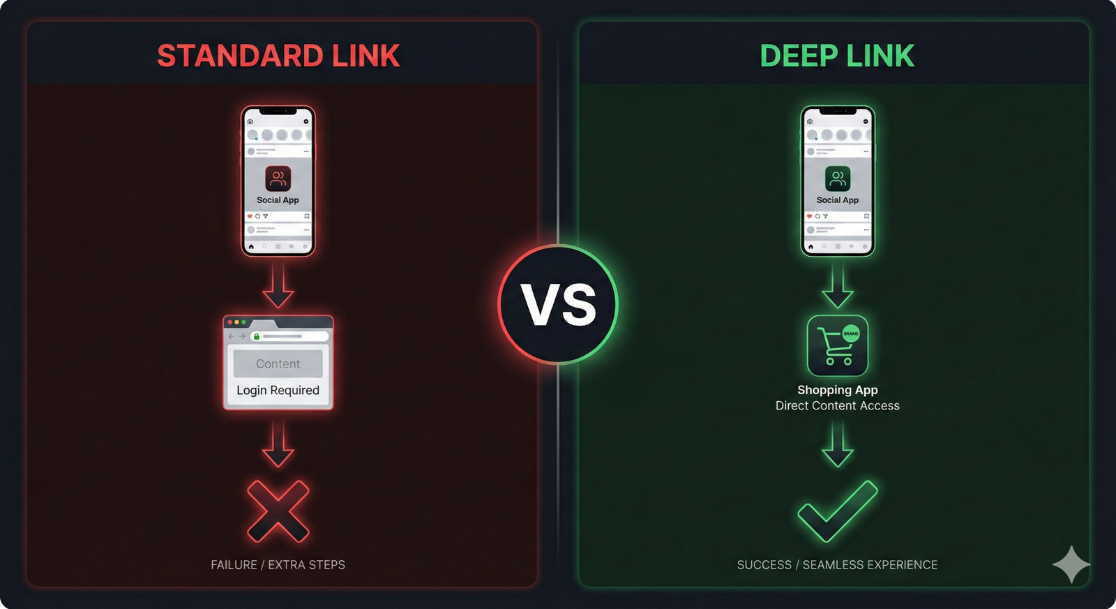 Deep linking flow diagram showing social media click routing to Amazon native app versus in-app browser