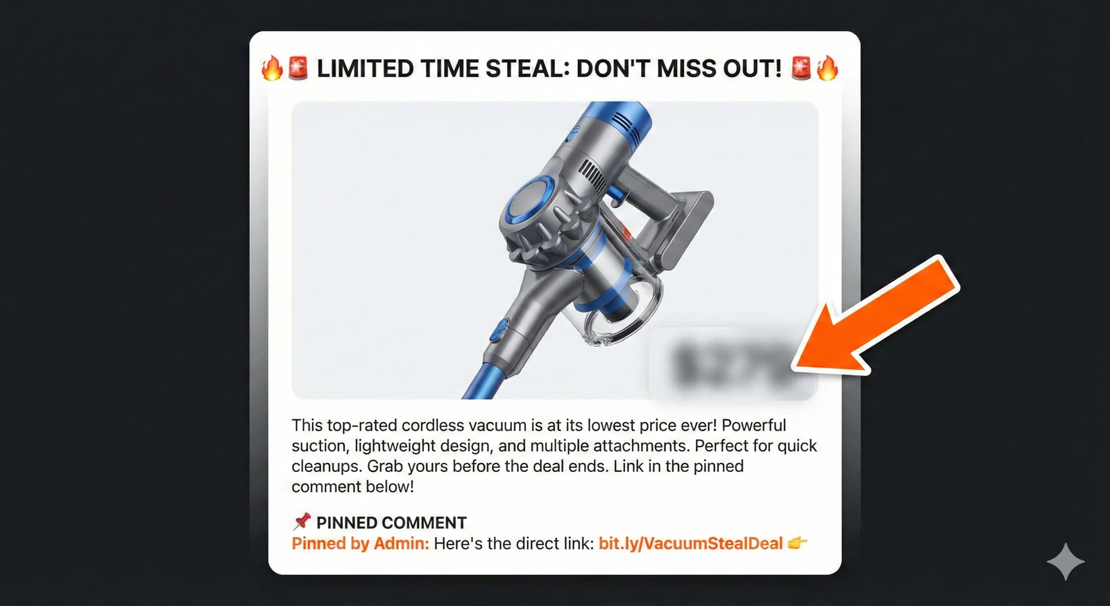 Example Facebook deal group post layout showing blurred image, urgency headline, and pinned affiliate link